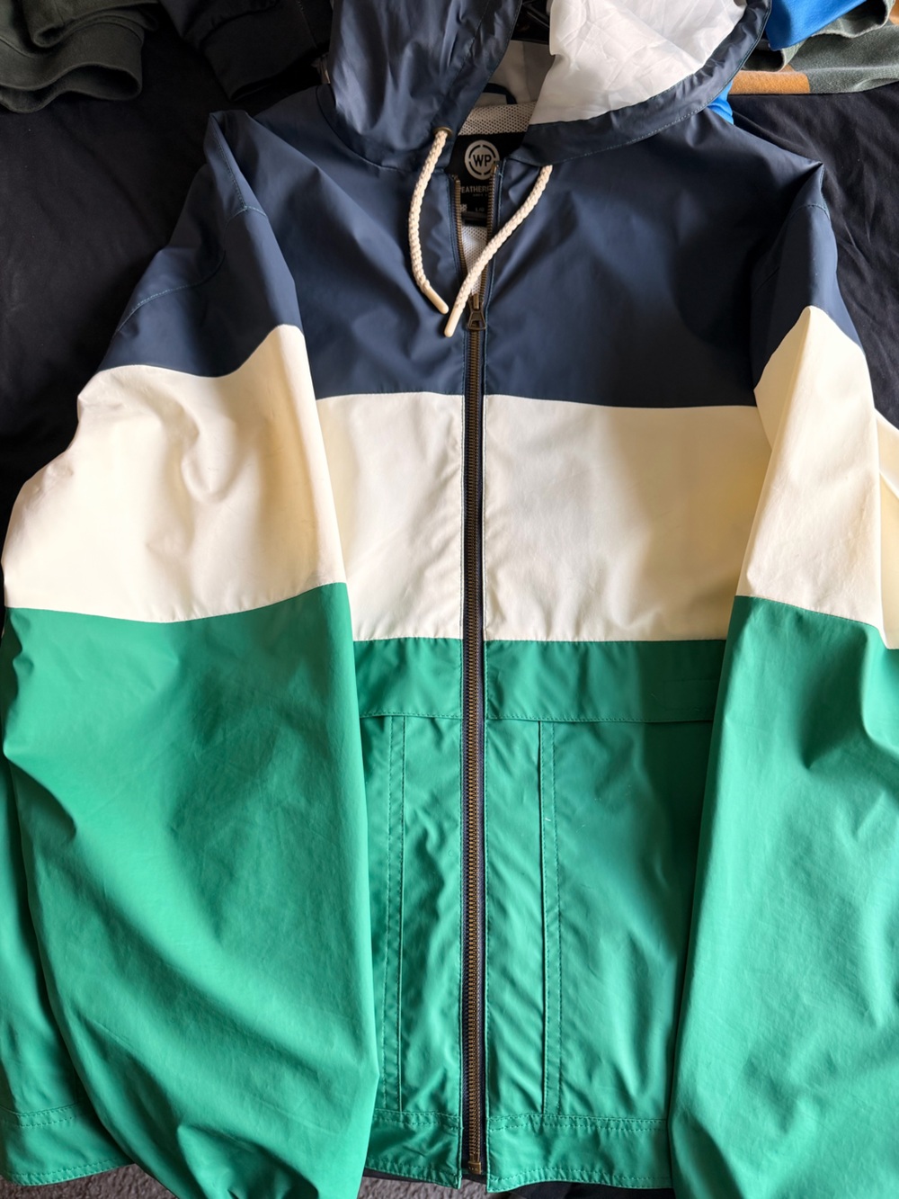 WP Navy, Cream & Green Colorblock Hooded Raincoat